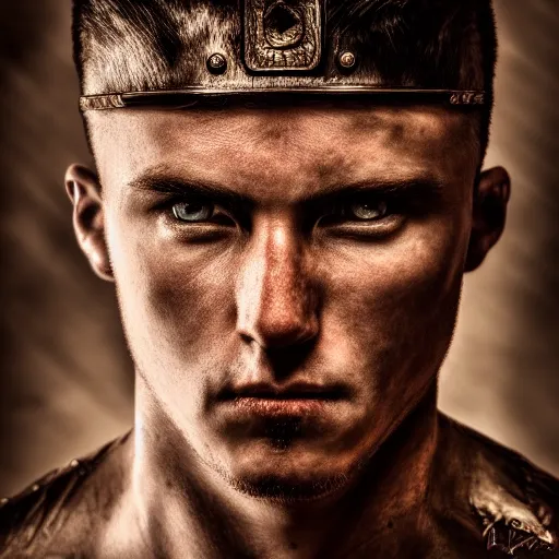 Image similar to portrait of a male warrior with split face ,fantasy, D&D, HDR, natural light, dynamic pose, award winning photograph, 8k, Mucha style,