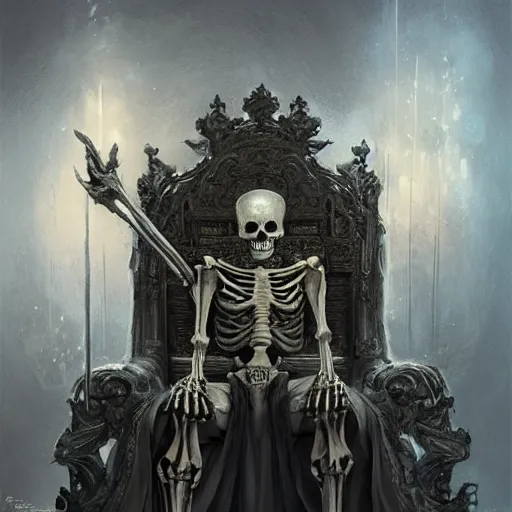 Image similar to skeleton king sitting on a throne in a palace by Stanley Artgerm Lau, frank frazetta, Rossdraws, James Jean, gerald brom, Andrei Riabovitchev, Marc Simonetti, and Sakimichan, trending on artstation, SFW version