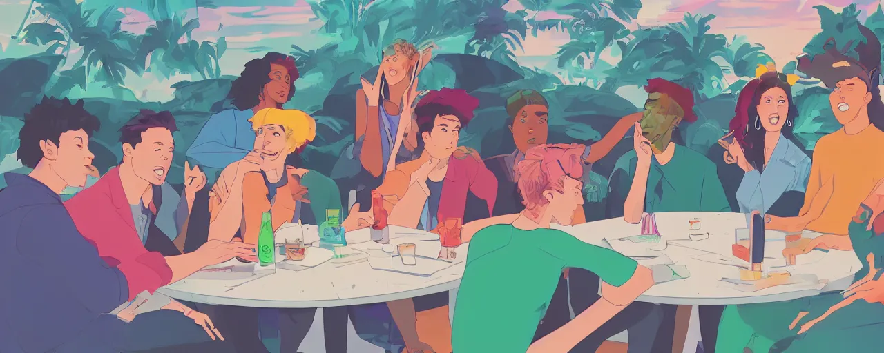 Image similar to a group of gen z friends sitting around talking about climate change while drinking old fashions, vaporwave cartoon