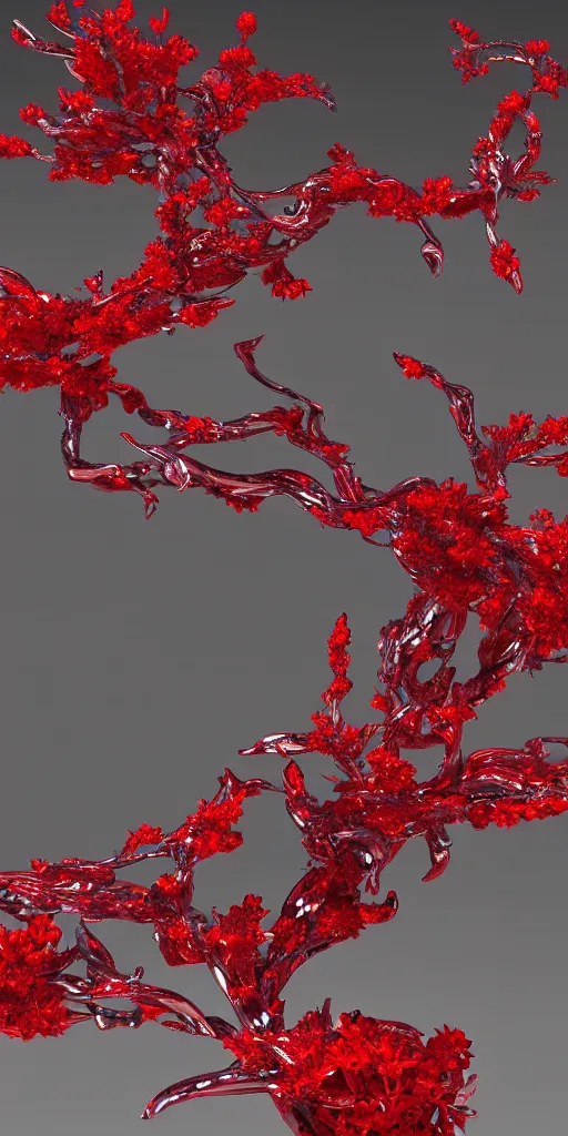 Prompt: 3 d photographic render of an ancient sculpture with red sakura flowers made of chrome, chrometype, made of liquid metal, neotribal with metallic thorns and thunders, raytracing, hyper realistic, volumetric lightning, 8 k, by zhelong xu and ouchh studio