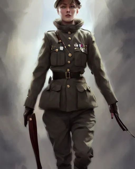 Image similar to beautiful nordic woman wearing world war 1 uniform, beautiful, detailed portrait, cell shaded, 4 k, concept art, by wlop, ilya kuvshinov, artgerm, krenz cushart, greg rutkowski, pixiv. cinematic dramatic atmosphere, sharp focus, volumetric lighting, cinematic lighting, studio quality