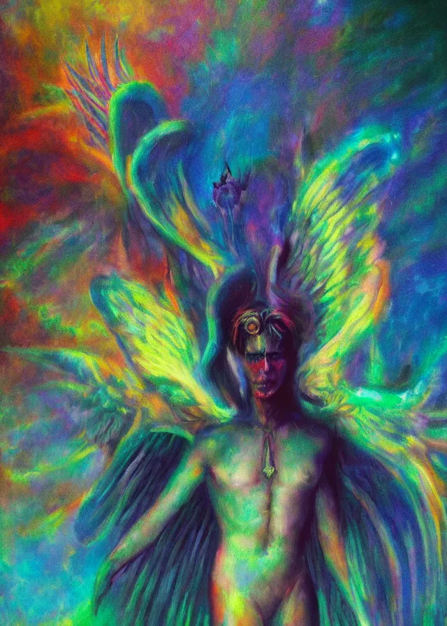 Image similar to Lucifer of the lunar mythos mercurial (surreal) angel mist, award winning oil painting, chromatic aberration polychromatic color palette radiant colors