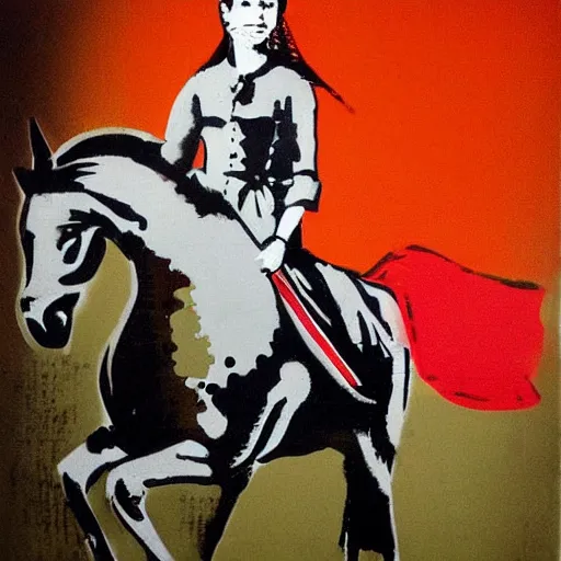 Image similar to tangerine calm by laszlo moholy - nagy, by banksy. a photograph of a heroine riding on a magnificent red horse. traditional russian folk costume & headscarf. pale & beautiful, resolve in her eyes. horse's hooves churn up earth as they gallop, dark forest looms.