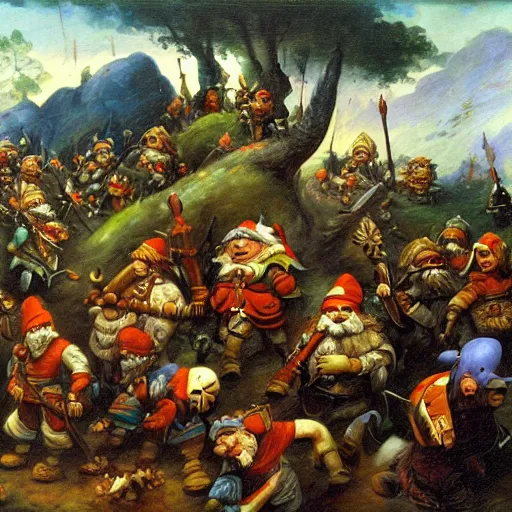 Image similar to an epic gnome battle scene, the attack of suicide dwarves, a detailed oil painting by William Byrd, the Battell style