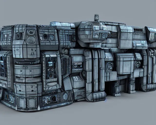 Prompt: 3 d sculpt of scifi rectangular building facade covered with greebles in the shape of a digital movie camera, maschinen krieger, starcraft, halo, star wars, ilm, star citizen halo, mass effect, starship troopers, elysium, the expanse, high tech industrial, artstation unreal