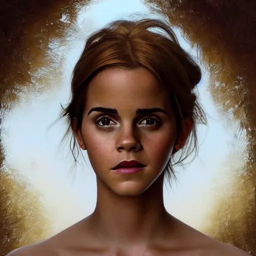 Image similar to Africa, beautiful portrait of a very funny actress Emma Watson whose face is shaped like a ginger red big monkey, face like monkey, Emma Watson actress blended monkey face, ape, powerful, dramatic lighting, intricate, wild, highly detailed, digital painting, cinematic, artstation, concept art, sharp edges and focus, illustration, art by artgerm and greg rutkowski and alphonse mucha