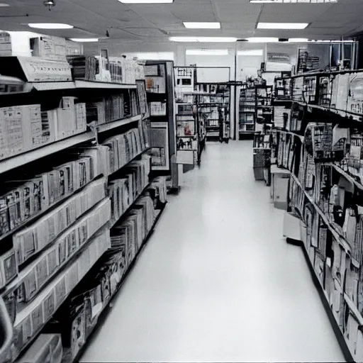 Prompt: electronics department in 1990. As described by William Gibson. Polaroid