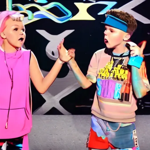 Image similar to jacob sartorius and jojo siwa having a rap battle, dramatic scene