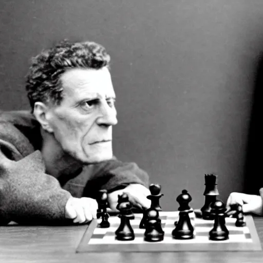 Prompt: ludwig wittgenstein and a humanoid robot, playing chess, dramatic angle