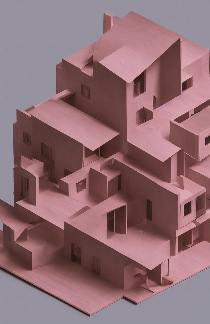 Prompt: isometric view, architectural model, studio lighting, low contrast, wood and paper, house for one pink rabbit, adolf loos, high tech, post - modernism