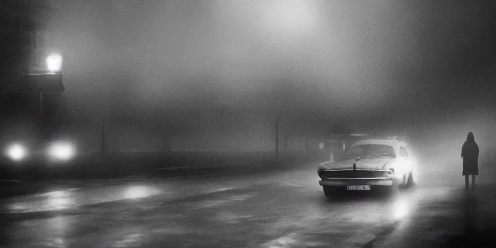 Image similar to a noir film scene, single character, old car, mist, foggy, mysterious, by yoji shinkawa