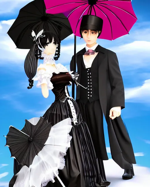 Prompt: a gothic lolita gown woman with a parasol and gothic lolita man with a suit and tie sitting on a cloud surrounded with cibi angles and by the gates of heaven 3 d digital art