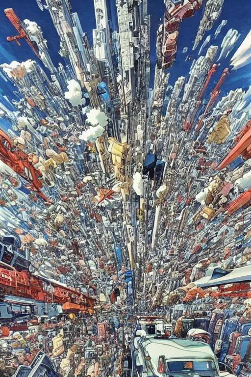 Image similar to it's an anime mural by katsuhiro otomo, it depicts a robotic giant towering over a world's city. below him are rows of cars and roads, while in the sky above are airplanes.