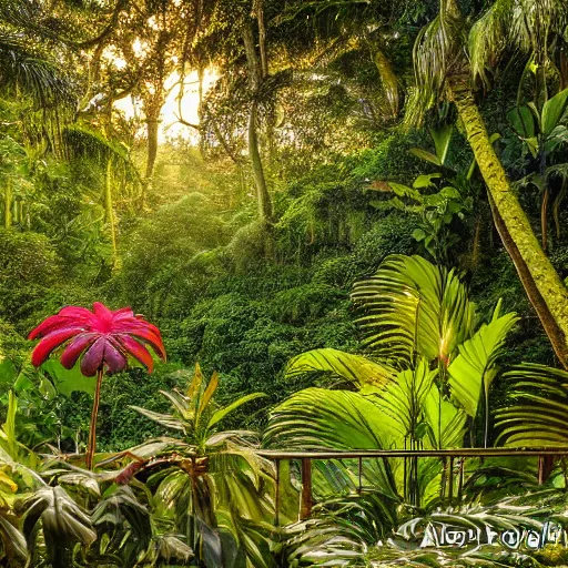 Prompt: a jungle giant mansion surrounded by moss and tropical flowers, with a sunset, by alex horley, bokeh photography