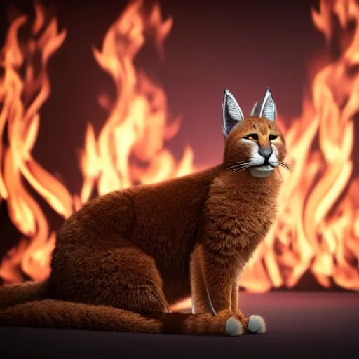 Image similar to wide-angle photo of fluffy caracal sitting on a chair in a room, flames of fire at background, octane render, 3d, 8k, hd, studio light