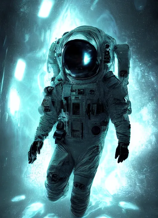 Image similar to complex poster art by craig mullins astronaut in futuristic dark and empty spaceship underwater. infrared glowing lights. complex and hyperdetailed technical suit. reflection and dispersion materials. rays and dispersion of light. volumetric light. 5 0 mm, f / 3 2. noise film photo. flash photography. unreal engine 4, octane render. interstellar movie poster