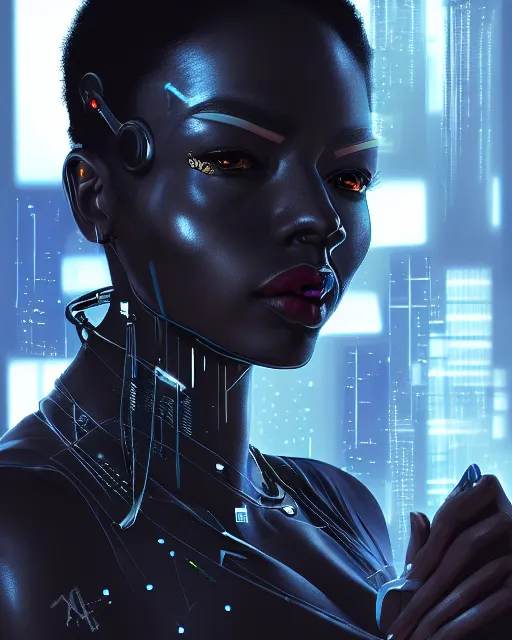Image similar to cyberpunk realistic black female artist creating art on her computer, artstation trends, sci fi concept art, highly detailed, intricate, sharp focus, digital art, 8 k,