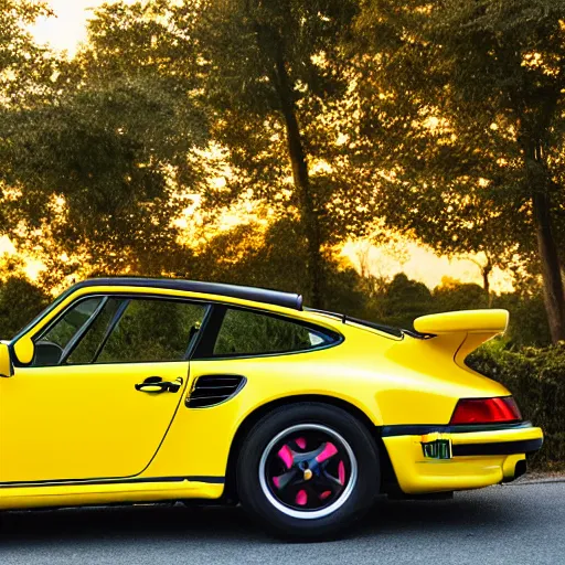 Image similar to an attractive young women driving a yellow 1 9 8 5 porsche 9 1 1 turbo, sunset, 4 k