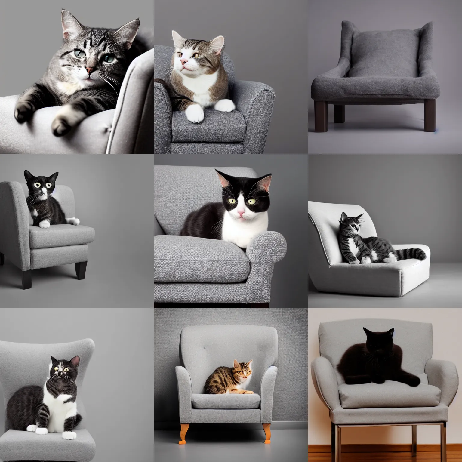 Prompt: cat relaxing on light gray fabric chair, studio photo, black background