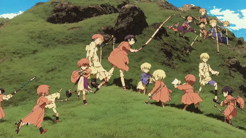 Prompt: pied piper luring children up a hill by playing his pipe, anime film still from the an anime directed by katsuhiro otomo with art direction by salvador dali, wide lens