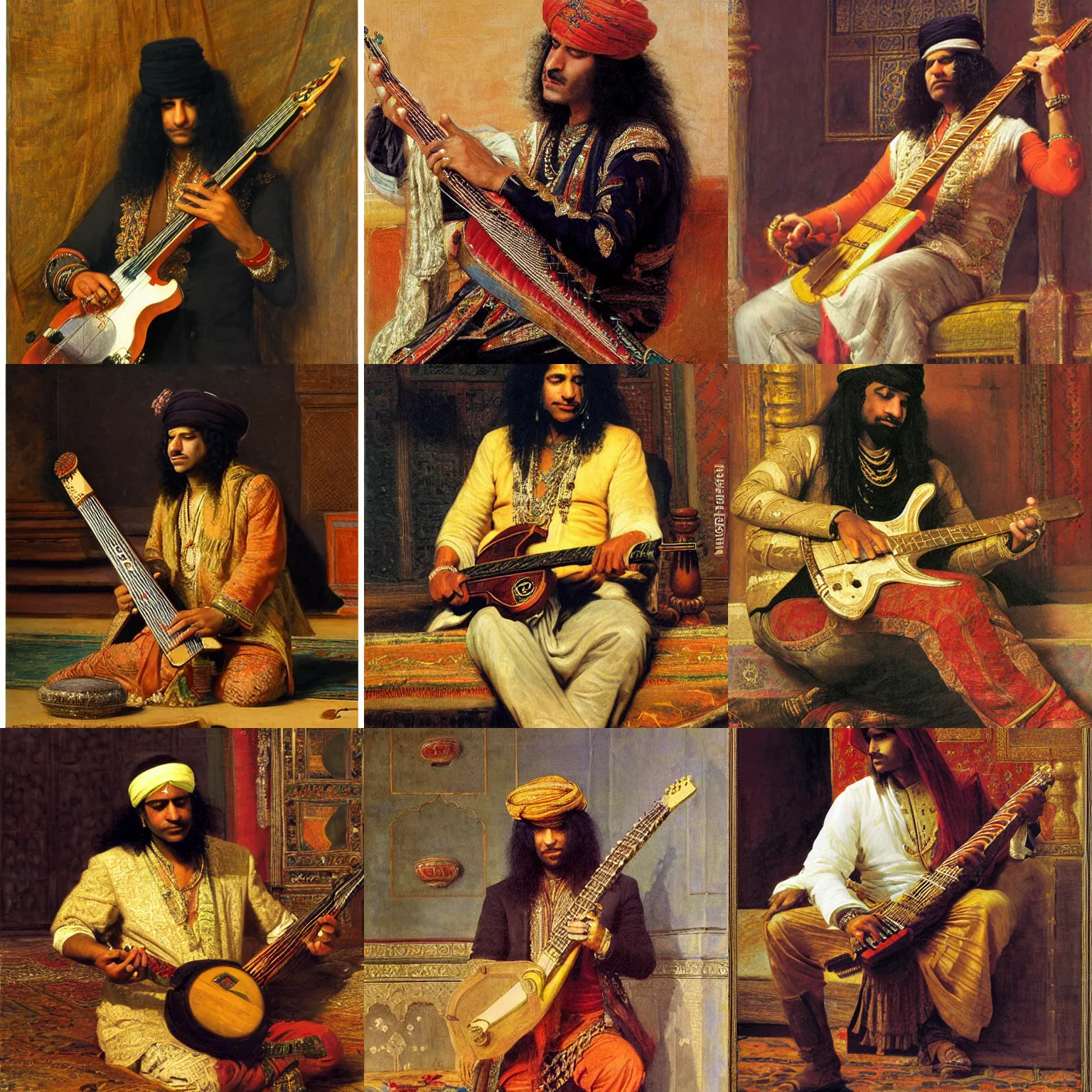 Prompt: detailed portrait of slash playing the sitar in the mughal palace by rudolf ernst and john frederick lewis and jean - leon gerome and rudolf weisse and david roberts and charles theodore frere and alfred dehodencq, orientalism