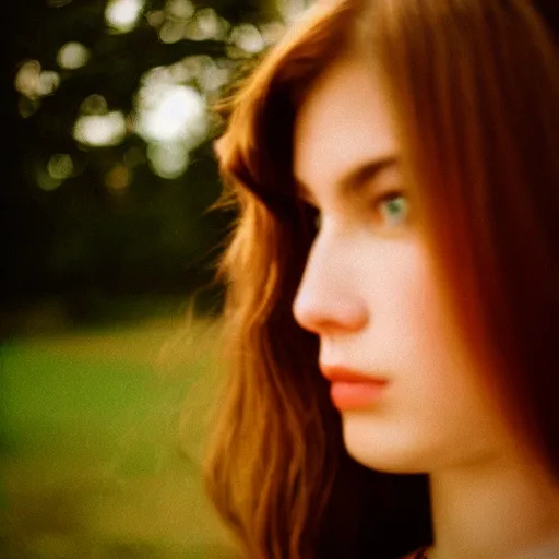 Image similar to a portrait photography of a woman with long hair. agfa vista 4 0 0 film. detailed. depth of field. cinematic. lens flare. grainy film. warm light.