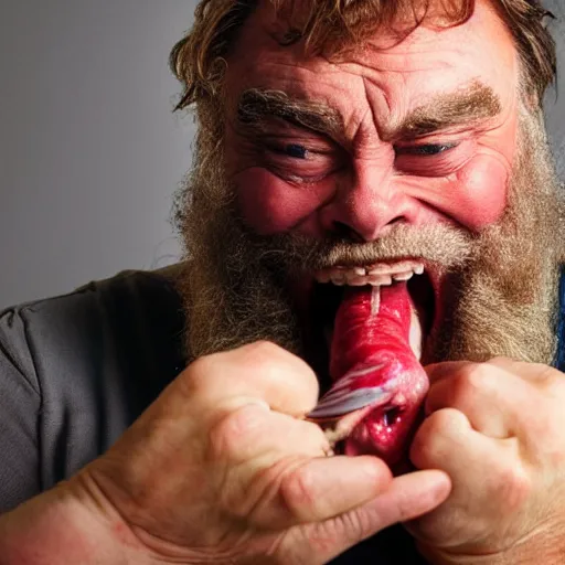 Image similar to close up shot of brian blessed swallowing a fish whole. photography, photographic