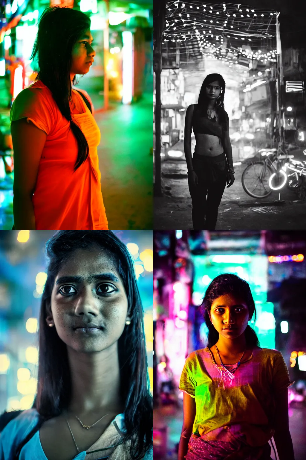 Prompt: cyberpunk sri lankan girl, neon lights in the background, portrait photograph, 35mm lens