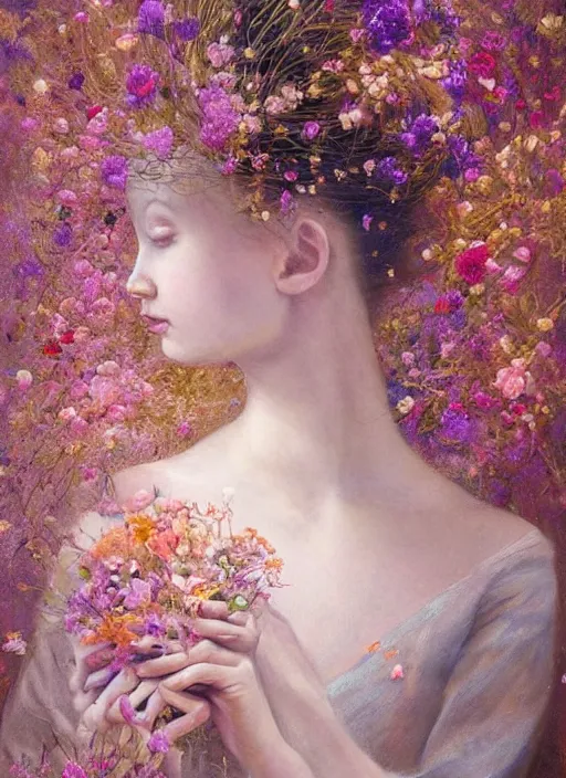 Image similar to a painting of a ballerina surrounded by flowers, a surrealist painting by yoann lossel, trending on cgsociety, pop surrealism, made of flowers, cosmic horror, lovecraftian, directed gaze