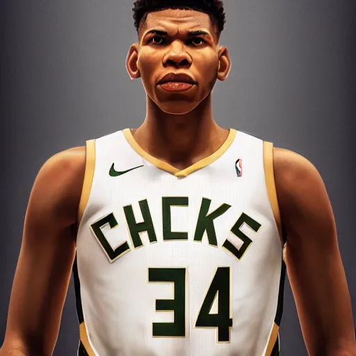 Prompt: giannis antetokounmpo, 3 d character art, wearing basketball jersey, symmetrical facial features, from arknights, hyper realistic, 4 k, rule of thirds, extreme detail, detailed drawing, trending artstation, realistic lighting, by alphonse mucha, greg rutkowski, short neck