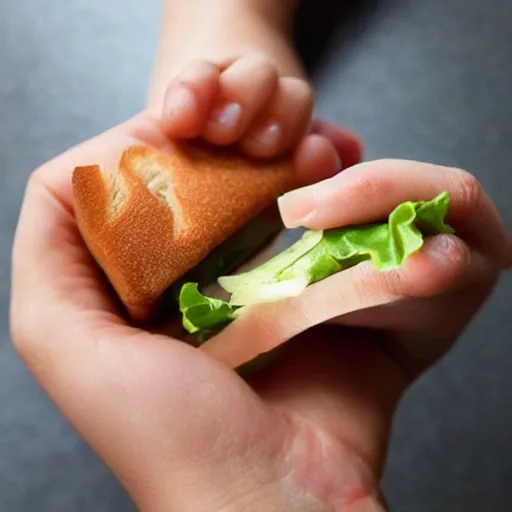 Image similar to hands presenting the tiniest sandwich ever made