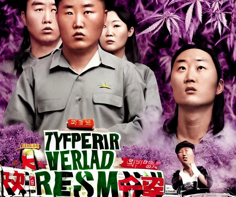 Image similar to hyperralism weed express ( 2 0 0 8 ) movie still photography of realistic detailed north korean kim chen with detailed face smoking high detailed weed and reviewing weed bush in detailed basement bedroom ultra violet light