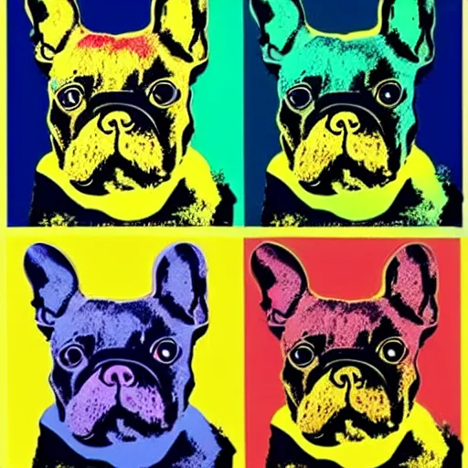 Prompt: colorful illustration of french bulldog, guitars, colorful splatters, cassete, vinyl, by andy warhol