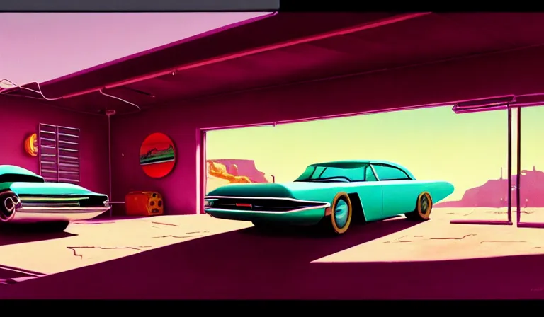 Image similar to a cinematic matte painting of a sleek 1 9 6 0 s vaporwave retro - futurism sci - fi car in a cluttered garage in the american southwest. cactus. by eric lafforgue, glennray tutor and edward hopper, greg rutkowski. trending on artstation.