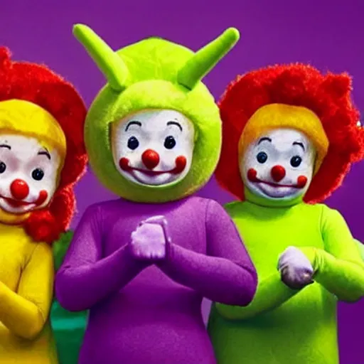 Prompt: teletubbies dressed as clowns