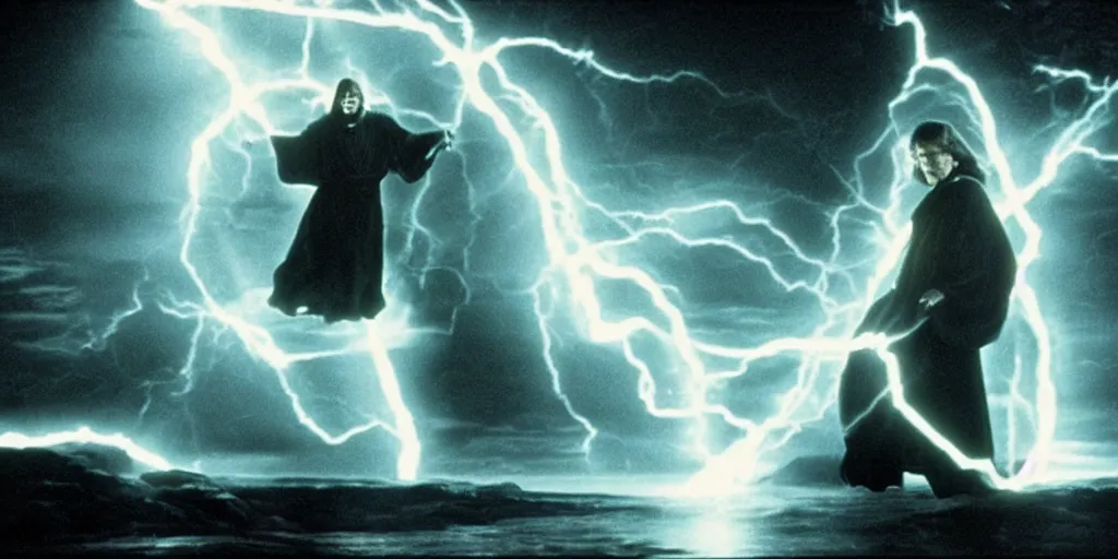 Image similar to screenshot of a dark sith lord in a robe with electricity fighting Luke Skywalker, on a planet of maelstrom,, chaos, the world without form and void, 1970s film by Stanley Kubrick, iconic scene, stunning cinematography, hyper detailed, sharp, anamorphic lenses, kodak color, 4k, stunning