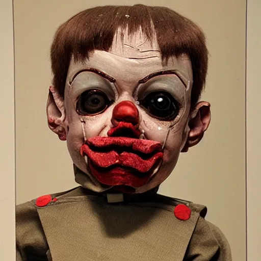 Image similar to high detailed portrait of a bloody ventriloqust dummy, scary, horrifying, creepy