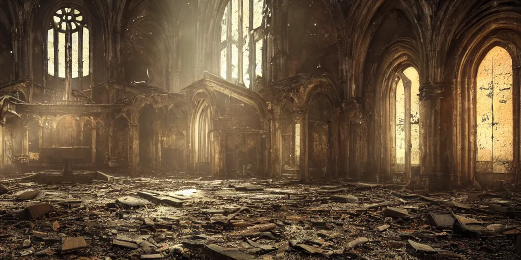 Image similar to fallout 5, indoors dilapidated partially ruined church interior, rusted machinery, atmospheric lighting, painted, intricate, volumetric lighting, beautiful, daytime, sunny weather, slight overcast, golden hour, sharp focus, deep colours, ultra detailed, by leesha hannigan, ross tran, thierry doizon, kai carpenter, ignacio fernandez rios