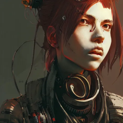 Image similar to highly detailed portrait of a post-cyberpunk young lady by Akihiko Yoshida, Greg Tocchini, 4k resolution