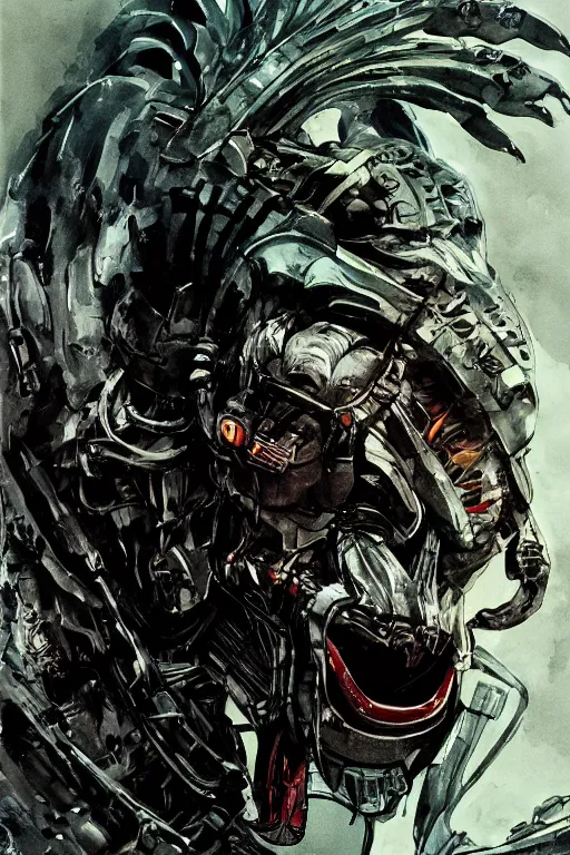 Prompt: predator illustrated by yoji shinkawa, science fiction horror action, skilled, technologically advanced alien, ink, digital painting, highly detailed, trending on artstation, sharp focus, illustration, concept art, norman rockwell