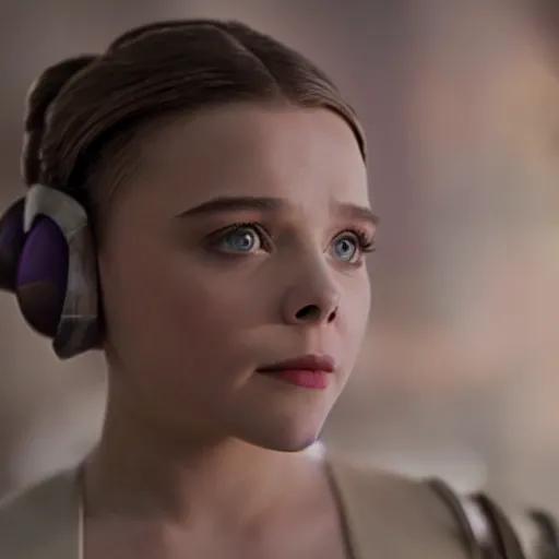 Image similar to Adult Chloe Moretz as Princess Leia, movie scene, XF IQ4, 150MP, 50mm, F1.4, studio lighting, professional, Dolby Vision, UHD