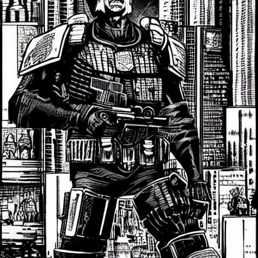 Image similar to judge dredd, megacity one police officer, crosshatch gritty cyberpunk run down city