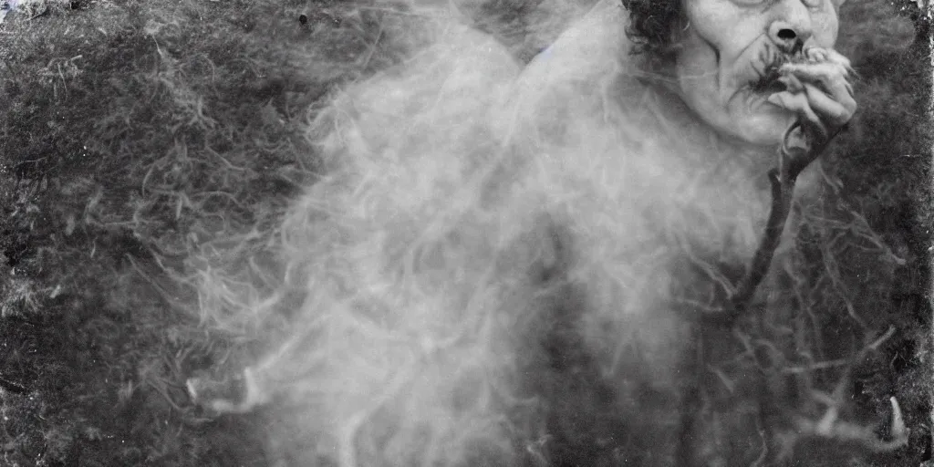 Image similar to 1 9 2 0 s spirit portrait photography of an old female farmer turning into a krampus ghost with hay cloth in the dolomites, smoke from mouth, casting a root spell, inviting hand, witchy, wicca, by william hope, dark, eerie, grainy