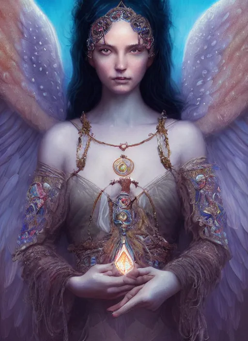 Image similar to A beautiful digital painting of a female Seraphim full of jewels, princess, the moon behind her, intricate, cinematic lighting, highly detailed, digital painting, Artstation, concept art, smooth, sharp focus, illustration, art by Tom Bagshaw, Artgerm and Greg Rutkowski