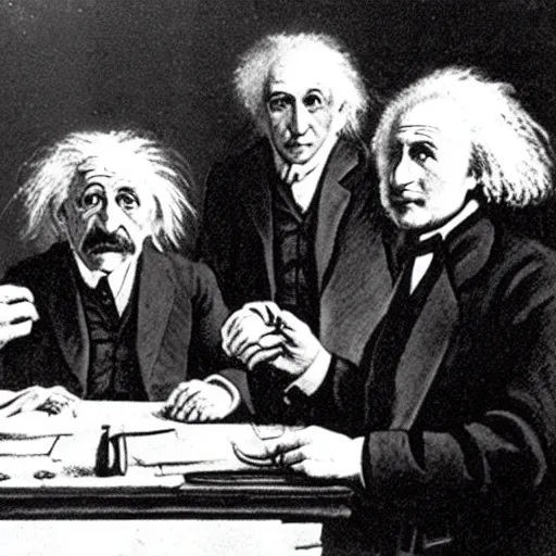 Prompt: Einstein, Isaac Newton, and Nikolai Tesla sharing a joint, drawing