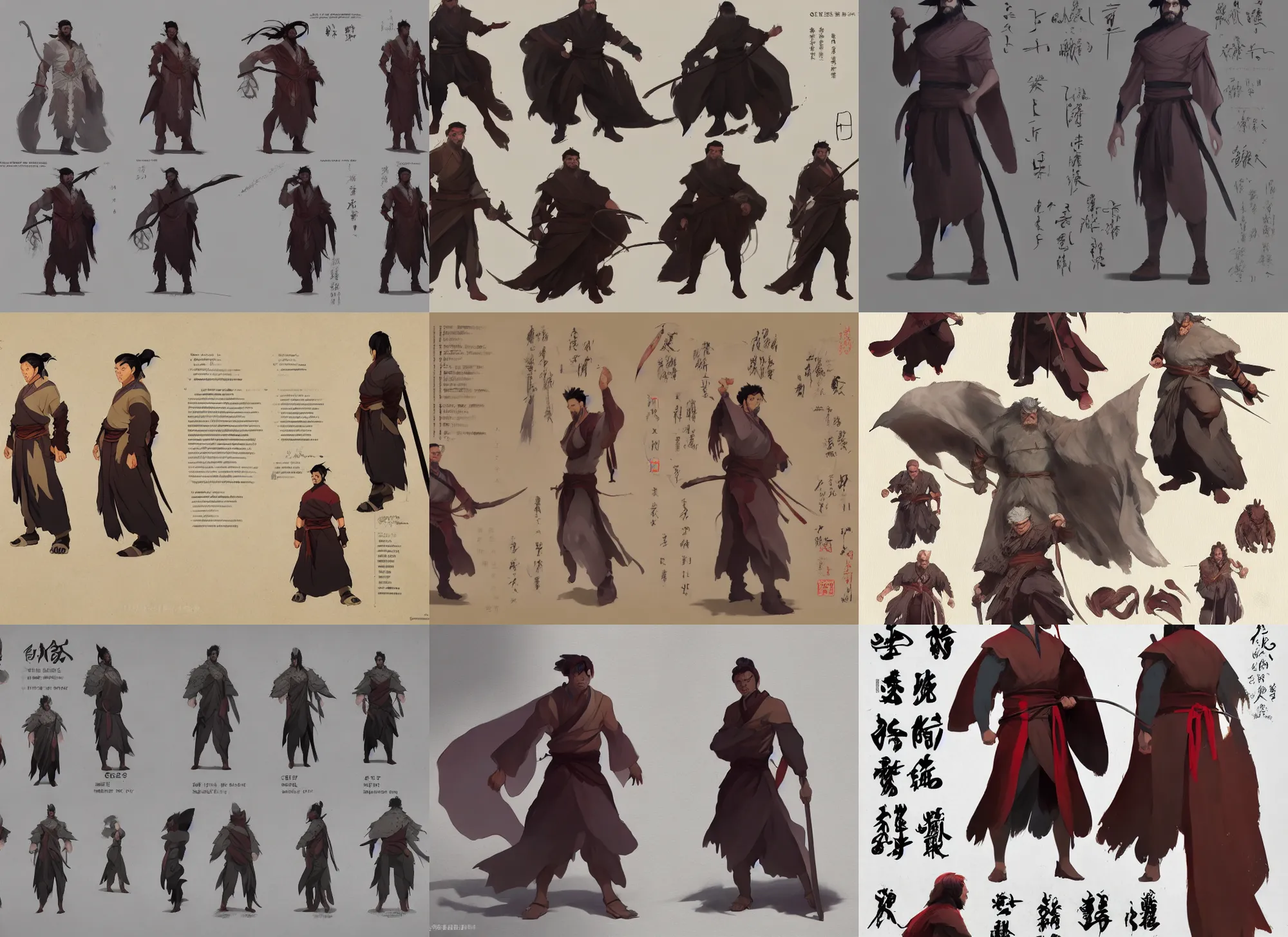 Prompt: character sheet for a wuxia beefy male wizard, by greg rutkowski, by studio ghibli, digital art, trending on artstation, hd, 8 k, highly detailed, good lighting, beautiful, masterpiece