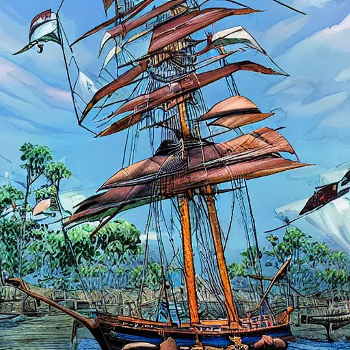 Prompt: a brigantine - type pirate ship with a fruit tree on her deck, an observation tower and huge masts, detailed, smooth, sharp focus, high contrast, colourful, dramatic lighting, graphic novel, art by ardian syaf and pepe larraz,