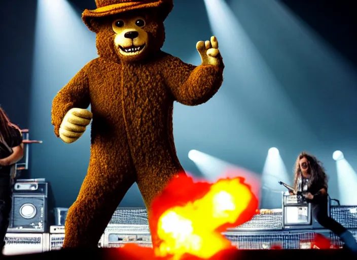 Image similar to publicity photo still of smokey the bear on tour with korn live on stage, 8 k, live concert lighting, mid shot