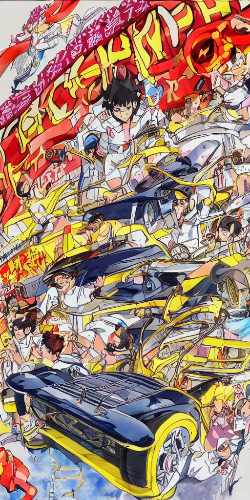 Prompt: a chariot in tokyo, drawn like the anime speed racer, full color
