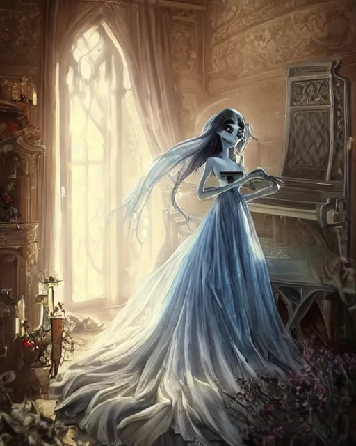 Prompt: elegant mysterious gracious undead victoria everglot from the corpse bride, portrait, illustration, the land of the death, piano in victorian front hall scene, rim light, top light, summer clear blue sky, perfectly shaded, soft painting, art by krenz cushart and wenjun lin